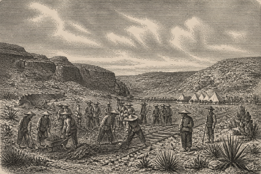 AI assisted historical style illustration showing Chinese railroad workers building a rail grade in rugged far West Texas terrain near Sanderson