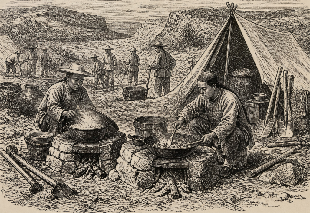 AI assisted historical style illustration of Chinese railroad workers cooking rice and frying food on paired camp hearths in far West Texas