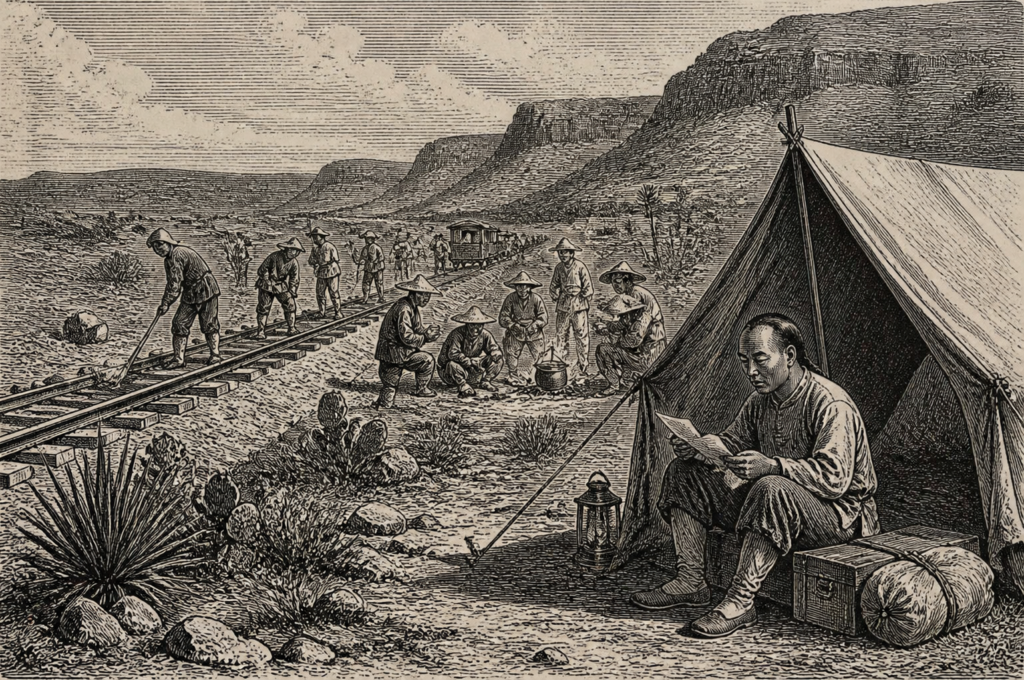 AI assisted historical style illustration of a Chinese railroad worker writing a letter outside a temporary far West Texas railroad camp