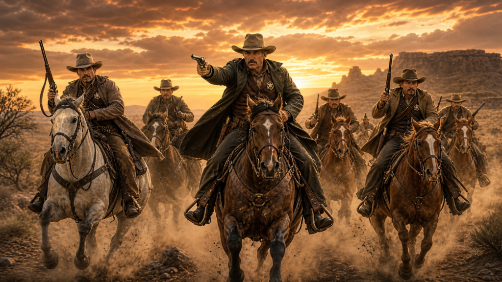 terrell county law enforcement blazing across a texas desert scape on horse back with rifles and pistols drawn and hats staying on